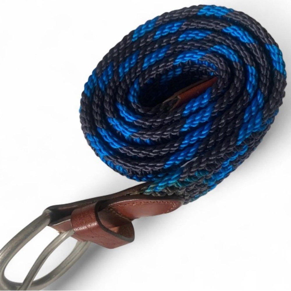 💕 J.crew elastic knit belt men size S/ M two tone blue black preppy adjustable